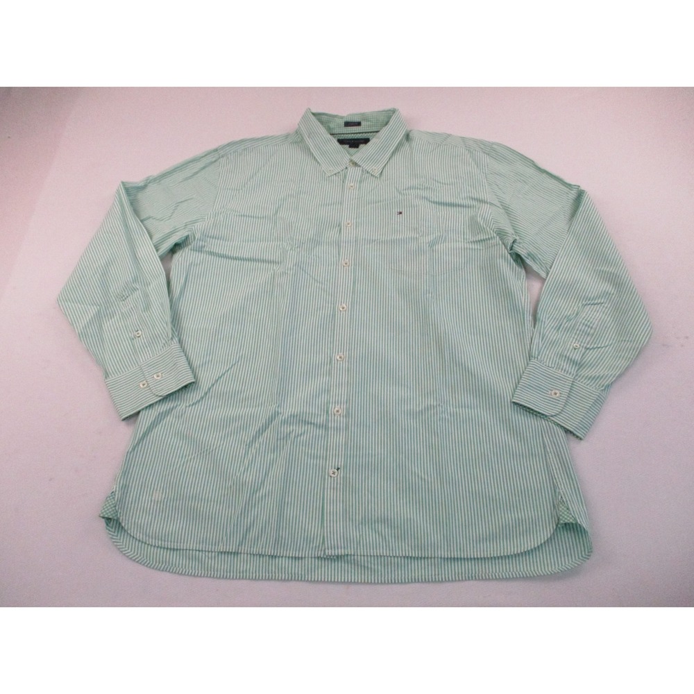 Tommy Hilfiger Button Down Shirt Mens XXL Green White Striped Custom Fit Pocket